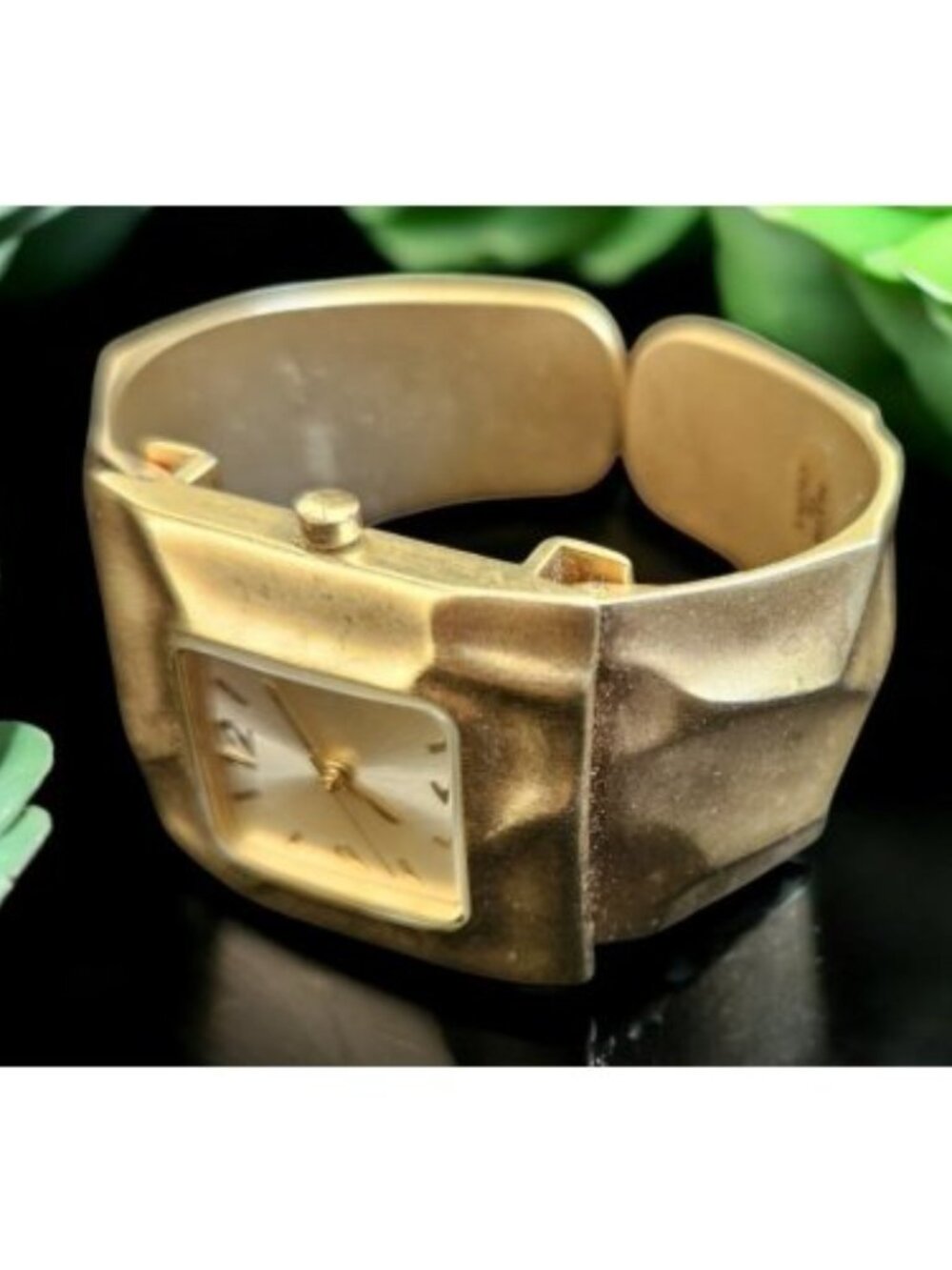 Textured Goldtone Hinged Clamper Ladies Quartz Bracelet Watch